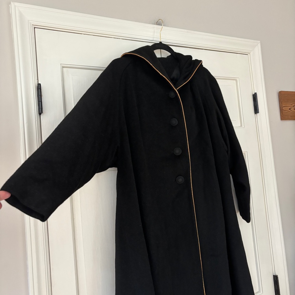 Vintage 1940s Union Wool Black Hooded Swing Coat Gold Trim VTG Union Made in USA - Picture 5 of 13